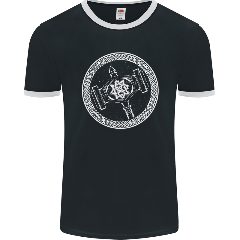 Thor Hammer in a Viking Circle White Print Mens Ringer T-Shirt FotL Black/White