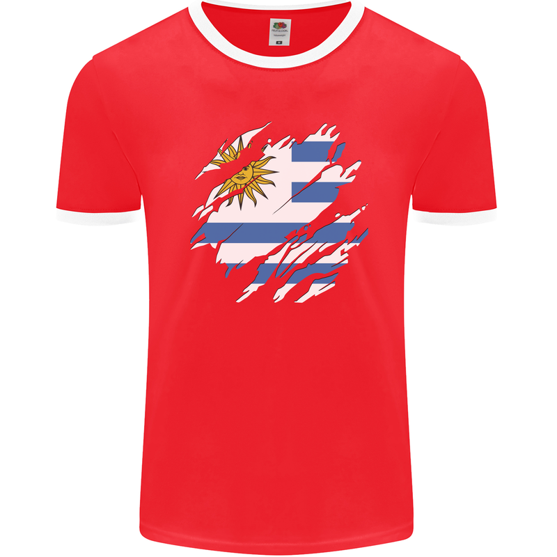 Torn Uruguay Flag Uruguayan Day Football Mens Ringer T-Shirt FotL Red/White