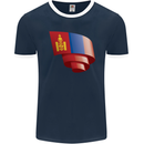 Curled Mongolia Flag Mongolian Day Football Mens Ringer T-Shirt FotL Navy Blue/White