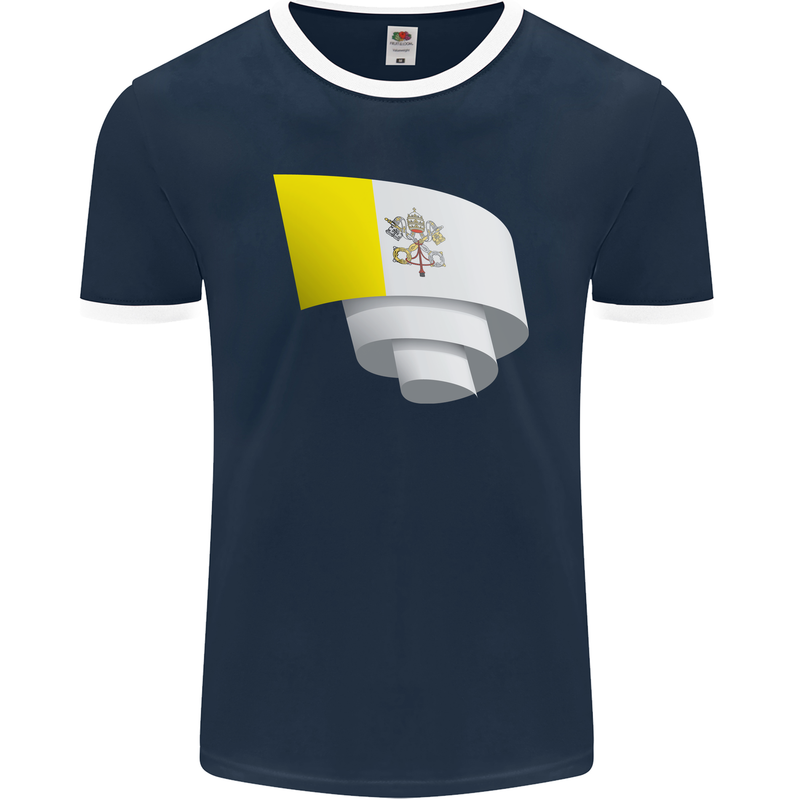 Curled Vatican Flag Mens Ringer T-Shirt FotL Navy Blue/White