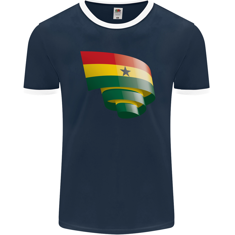 Curled Ghana Flag Ghanaian Day Football Mens Ringer T-Shirt FotL Navy Blue/White