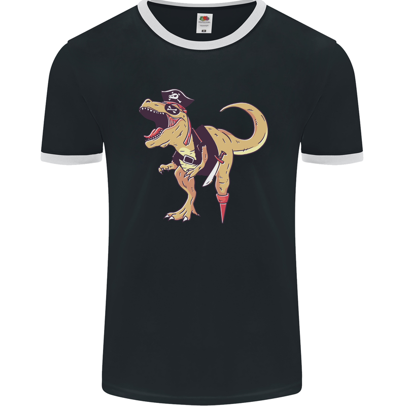 Pirate T-Rex Funny Dinosaur Mens Ringer T-Shirt FotL Black/White