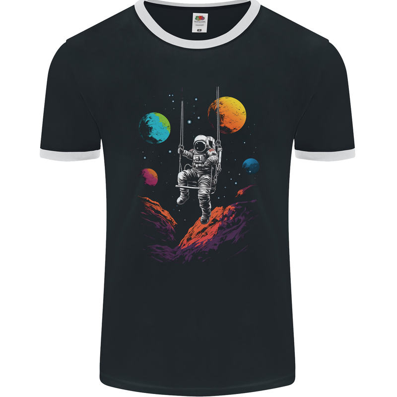 Cosmic Swing Fantasy Astronaut in Space Planets Mens Ringer T-Shirt FotL Black/White