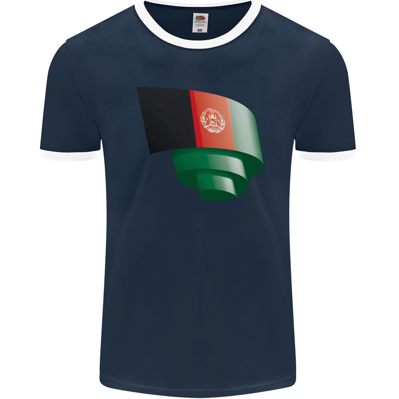 Curled Afghanistan Flag Afghan Day Football Mens Ringer T-Shirt FotL Navy Blue/White