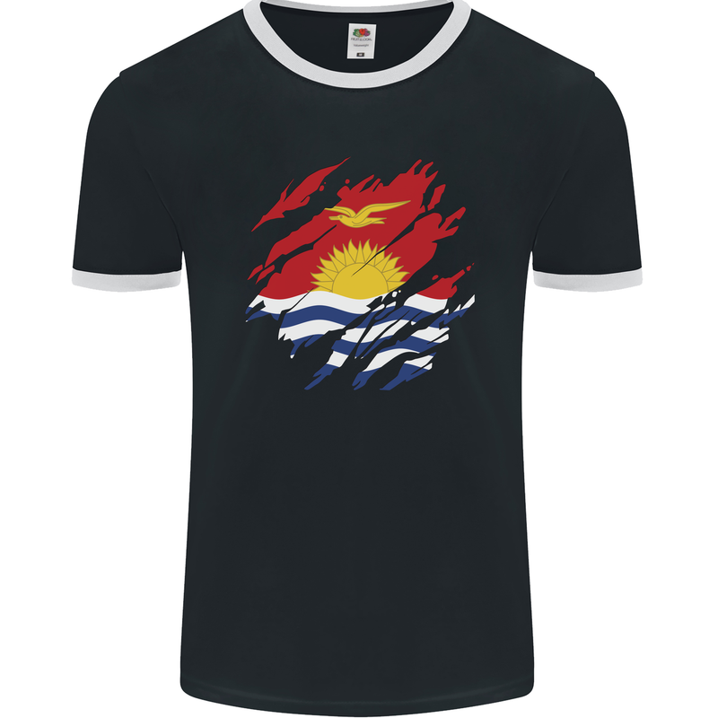 Torn Kiribati Flag Day Football Mens Ringer T-Shirt FotL Black/White