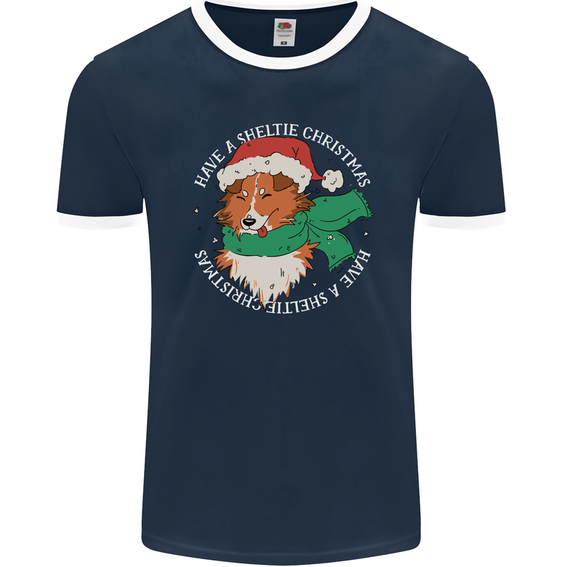 Sheltie Dog Christmas Mens Ringer T-Shirt FotL Navy Blue/White