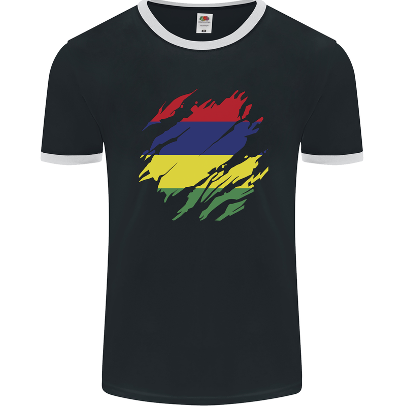 Torn Mauritius Flag Mauritians Day Football Mens Ringer T-Shirt FotL Black/White