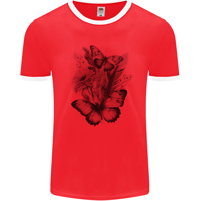 Butterflies & Flowers in the Wild Nature Mens Ringer T-Shirt Red/White