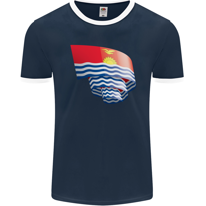 Curled Kiribati Flag Day Football Mens Ringer T-Shirt FotL Navy Blue/White