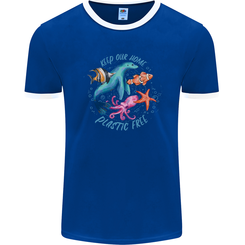Plastic Free Climate Change Octopus Ocean Fish Mens Ringer T-Shirt FotL Royal Blue/White