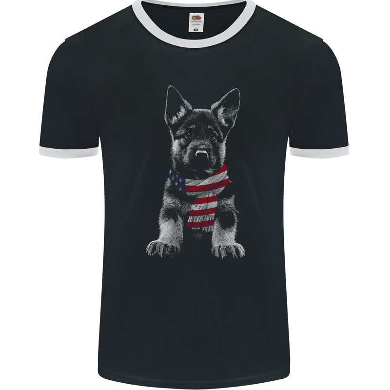 German Shepherd in USA Scarf Alsatian Dog Mens Ringer T-Shirt FotL Black/White