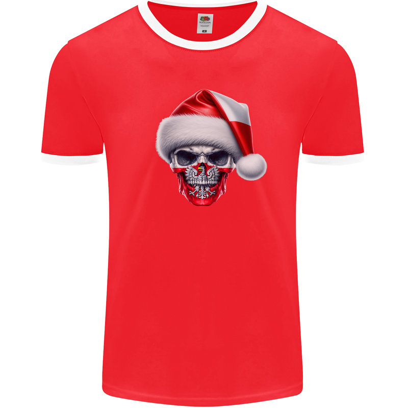 Poland Christmas Skull Xmas Polish Biker Flag Mens Ringer T-Shirt FotL Red/White