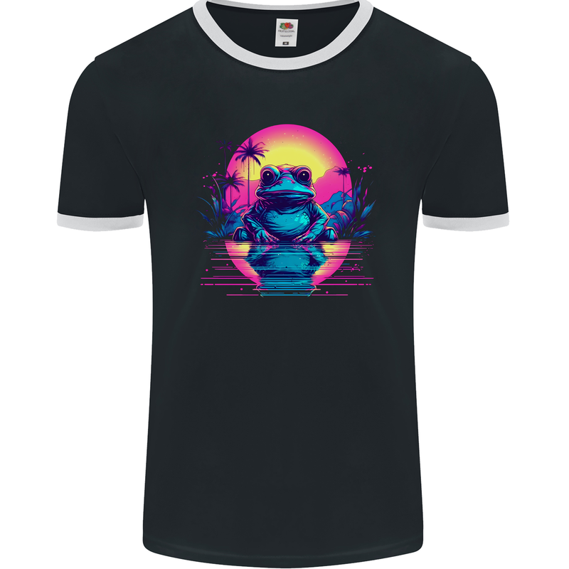 Retrowave Frog in a Sunset Mens Ringer T-Shirt FotL Black/White