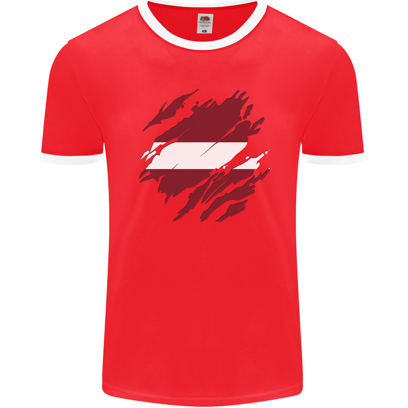Torn Latvia Flag Latvian Day Football Mens Ringer T-Shirt FotL Red/White