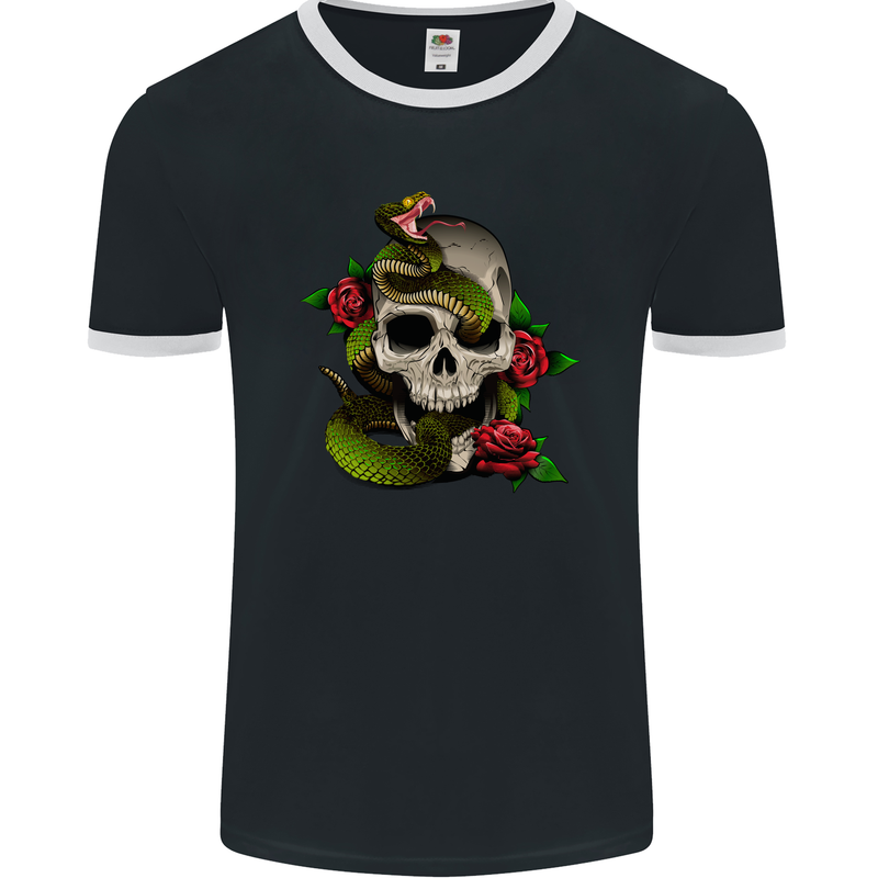 Snake Skull With Roses Tattoo Style Mens Ringer T-Shirt FotL Black/White