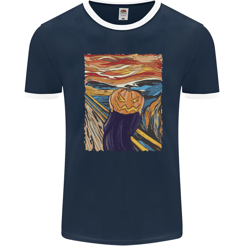 Pumpkin Scream Painting Halloween Mens Ringer T-Shirt FotL Navy Blue/White