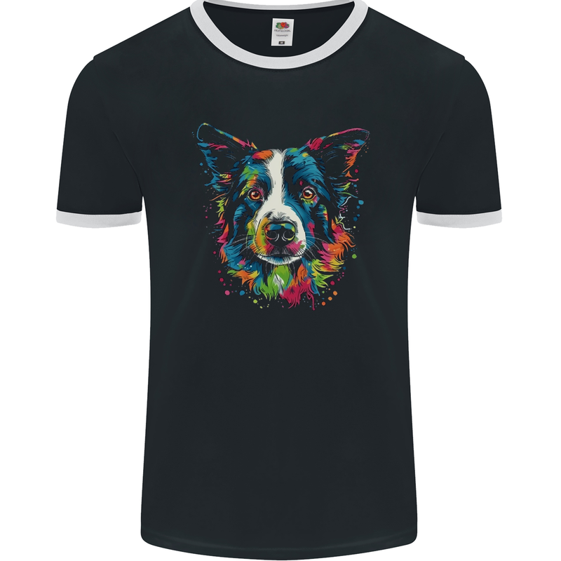 A Colourful Border Collie Dog Mens Ringer T-Shirt FotL Black/White