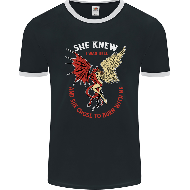 She Knew I Was Hell Devil & Angel Valentines Day Mens Ringer T-Shirt FotL Black/White