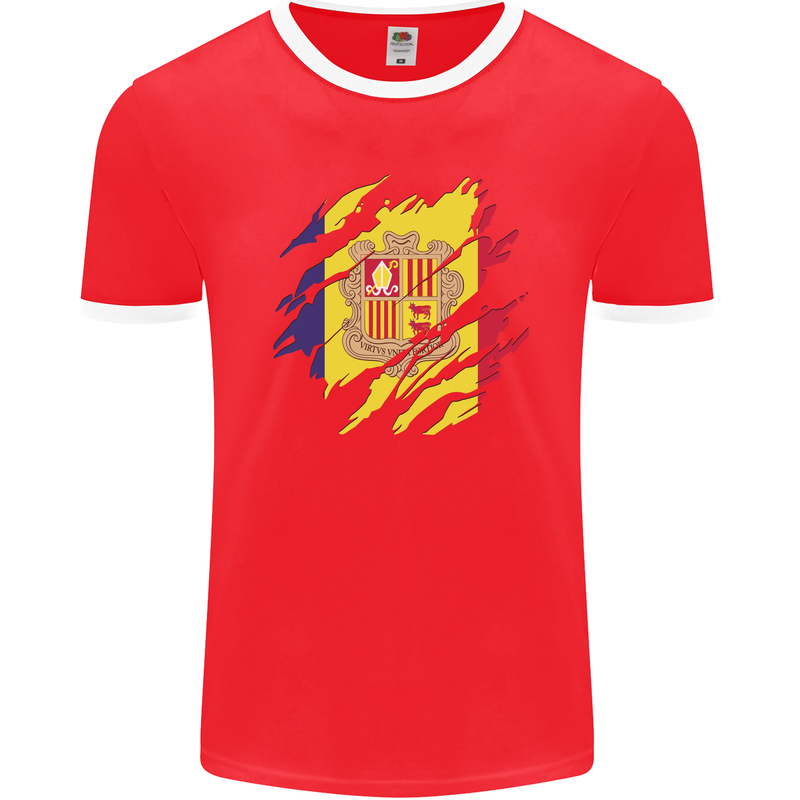 Torn Andorra Flag Andorran Day Football Mens Ringer T-Shirt FotL Red/White