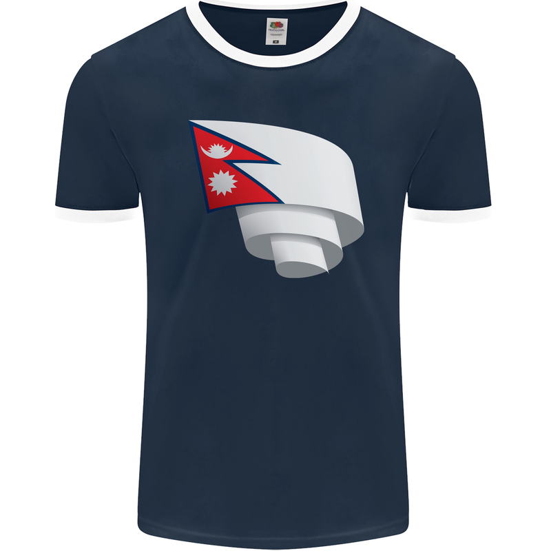 Curled Nepal Flag Nepalese Day Football Mens Ringer T-Shirt FotL Navy Blue/White