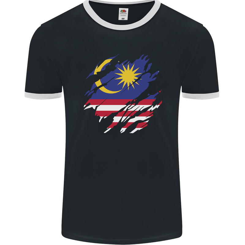 Torn Malaysia Flag Malaysian Day Football Mens Ringer T-Shirt FotL Black/White