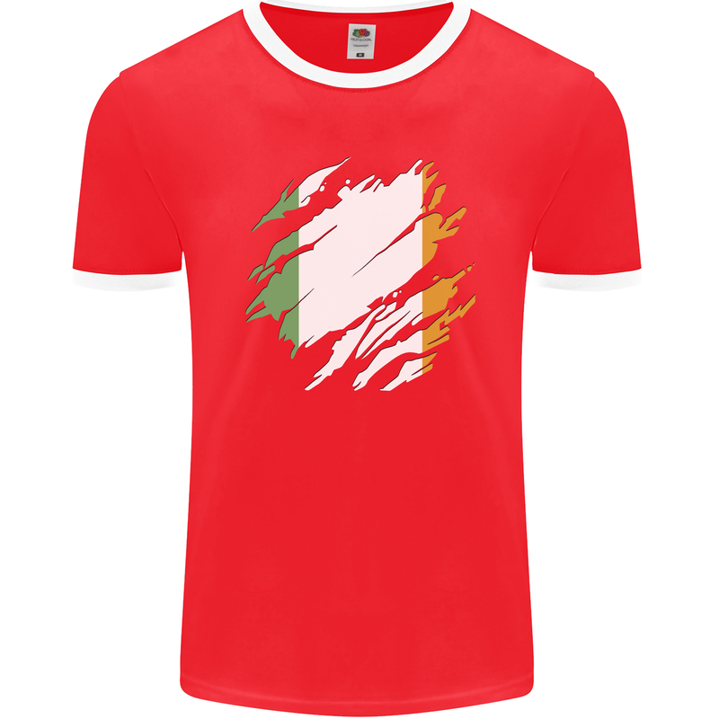 Torn Ireland Flag Irish St Patricks Day Football Mens Ringer T-Shirt FotL Red/White