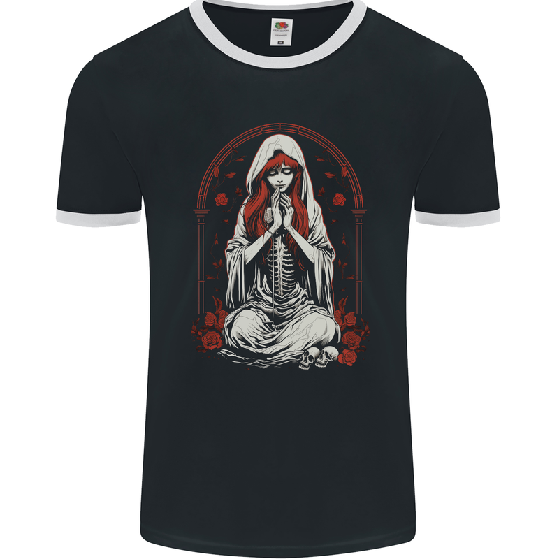 Fantasy Anime Girl Praying With Skulls & Roses Mens Ringer T-Shirt FotL Black/White