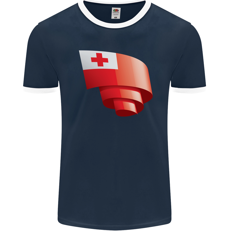 Curled Tongo Flag Tongan Day Football Mens Ringer T-Shirt FotL Navy Blue/White