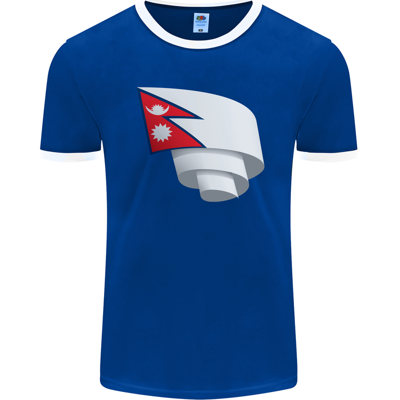 Curled Nepal Flag Nepalese Day Football Mens Ringer T-Shirt FotL Royal Blue/White