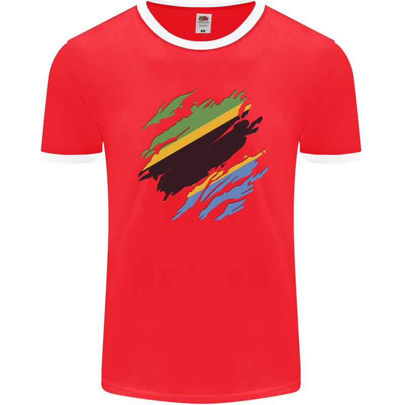 Torn Tanzania Flag Tanzanian Day Football Mens Ringer T-Shirt FotL Red/White