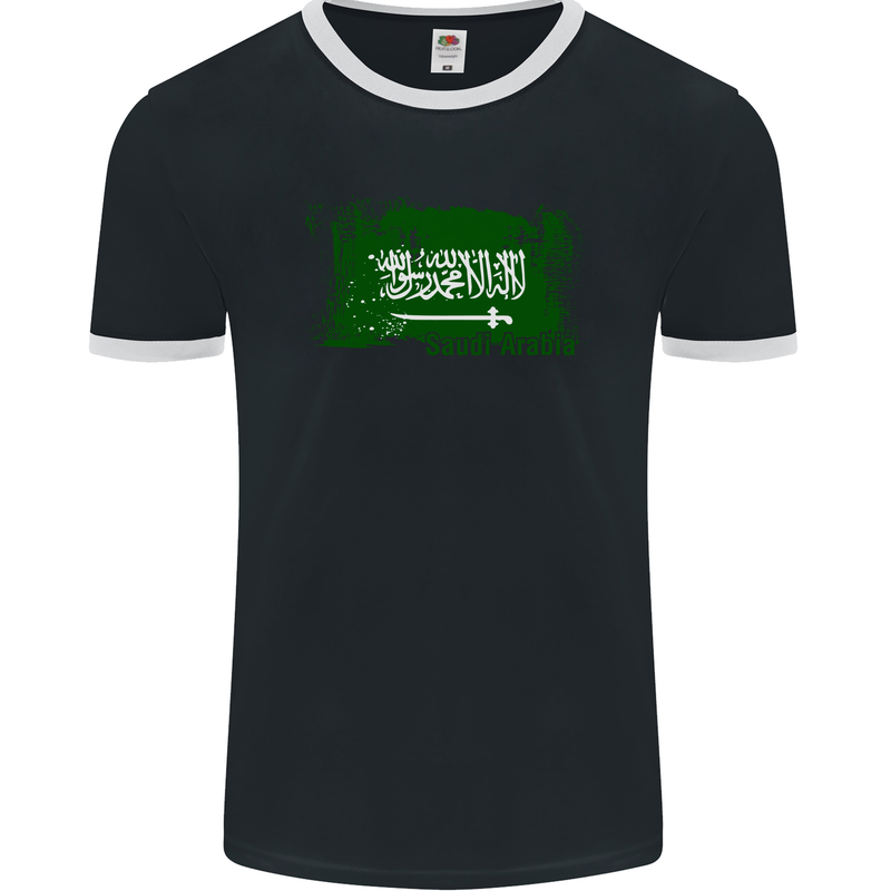 Saudi Arabia Football Distressed Flag Mens Ringer T-Shirt FotL Black/White