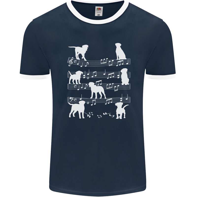 Dog Music Musical Notes Piano Guitar Mens Ringer T-Shirt FotL Navy Blue/White