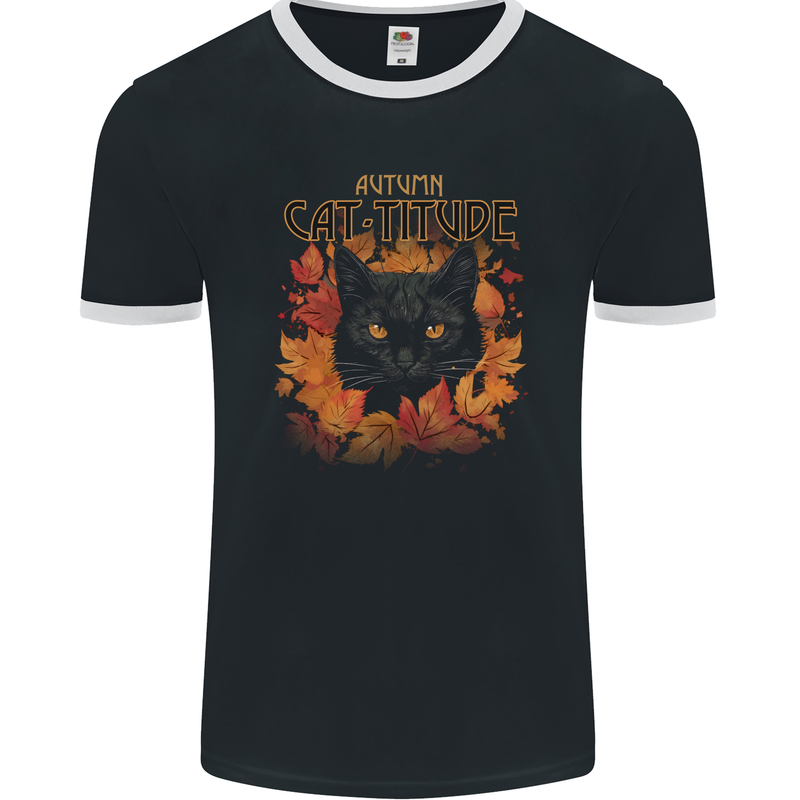 Autumn Catitude Cat Mens Ringer T-Shirt FotL Black/White