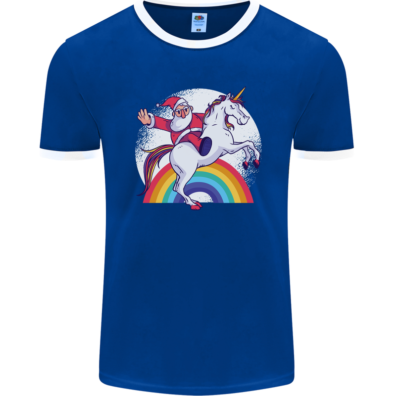 Santa Claus Riding a Unicorn Christmas Xmas Mens Ringer T-Shirt FotL Royal Blue/White