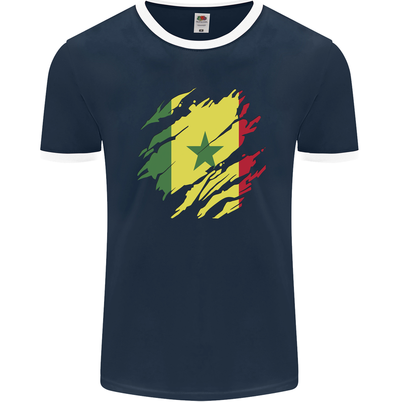 Torn Senegal Flag Senegalese Day Football Mens Ringer T-Shirt FotL Navy Blue/White