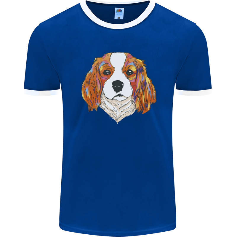 A Colourful King Charles Spaniel Dog Mens Ringer T-Shirt FotL Royal Blue/White