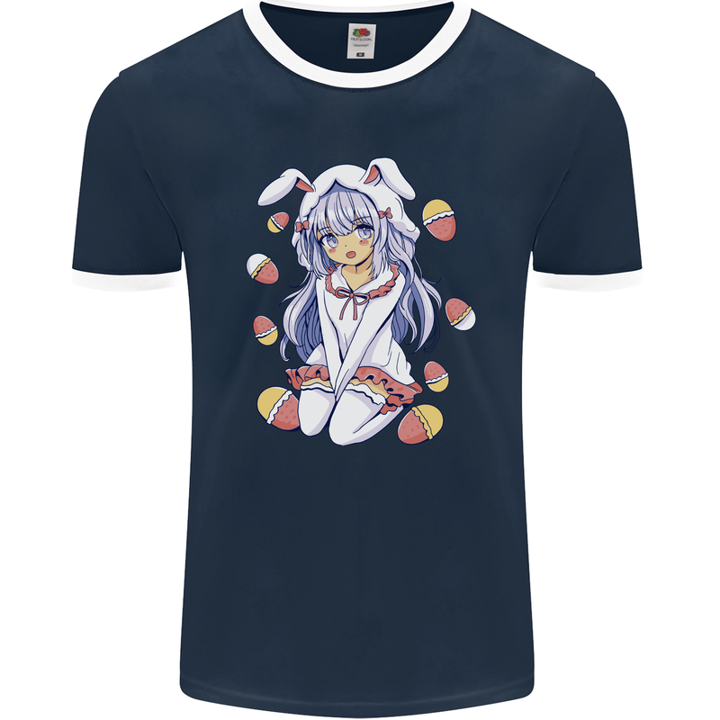 Easter Anime Girl With Eggs and Bunny Ears Mens Ringer T-Shirt FotL Navy Blue/White