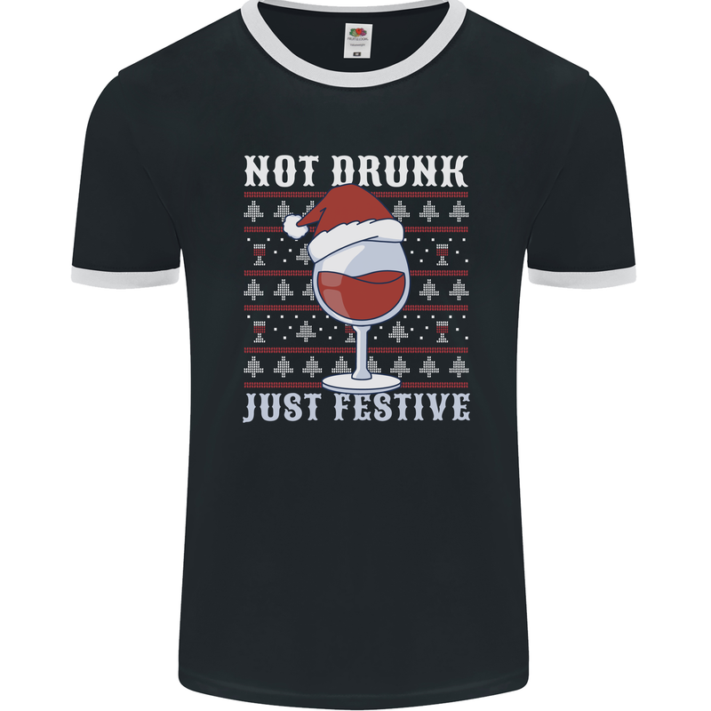 Wine Not Drunk Just Festive Funny Christmas Xmas Mens Ringer T-Shirt FotL Black/White