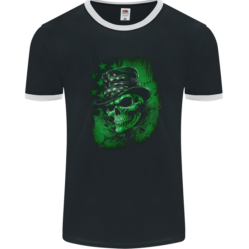 Green Skull St Patricks Day Irish Paddys Day Mens Ringer T-Shirt FotL Black/White