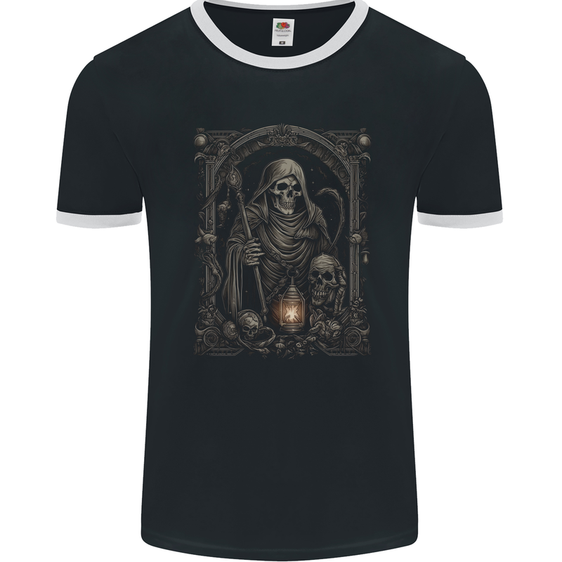 Gothic Grim Reaper Goth Heavy Metal Skull 6 Mens Ringer T-Shirt FotL Black/White