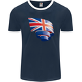 Curled British Flag Union Jack Britain Mens Ringer T-Shirt FotL Navy Blue/White