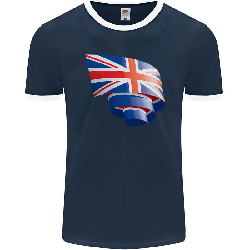 Curled British Flag Union Jack Britain Mens Ringer T-Shirt FotL Navy Blue/White