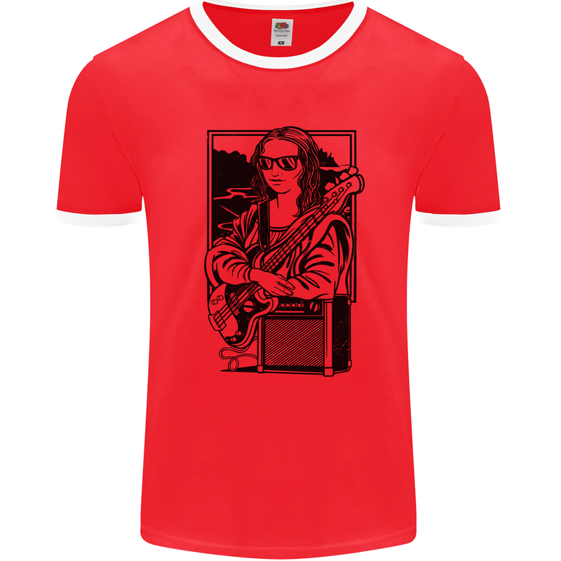 Electric Guitar Mona Lisa Rock Music Player Mens Ringer T-Shirt Red/White