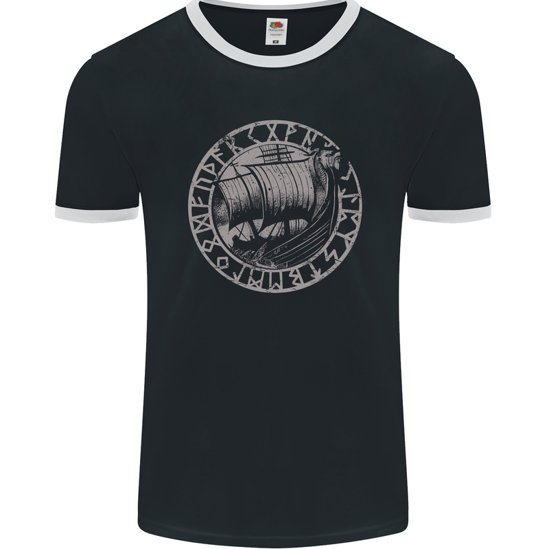 Viking Ship With Norse Text Mens Ringer T-Shirt FotL Black/White