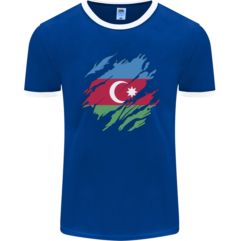 Torn Azerbaijan Flag Azerbaijani Day Football Mens Ringer T-Shirt FotL Royal Blue/White