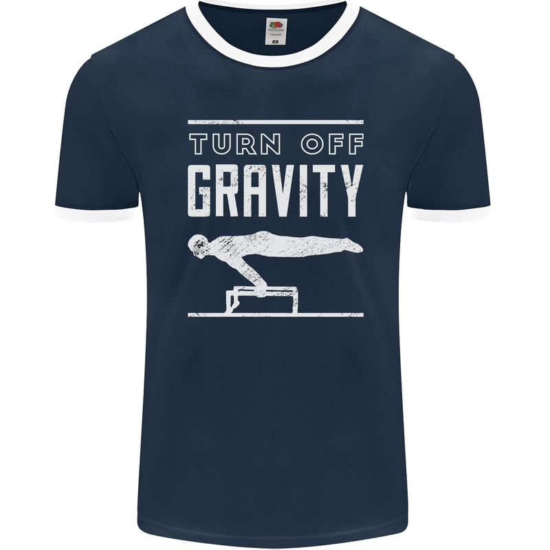 Gymnastics Turn Off Gravity Gymnast Pommel Horse Mens Ringer T-Shirt FotL Navy Blue/White