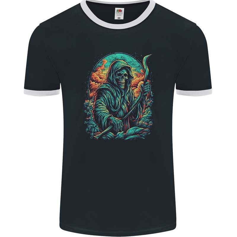 The Grim Reaper Skull Mens Ringer T-Shirt FotL Black/White