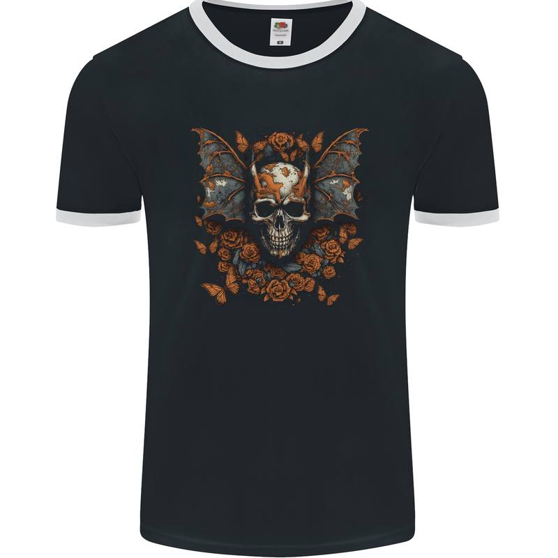Demonic Bat Skull Satan Grim Reaper Demon Mens Ringer T-Shirt FotL Black/White
