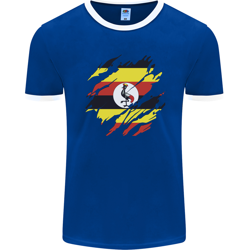 Torn Uganda Flag Ugandan Day Football Mens Ringer T-Shirt FotL Royal Blue/White