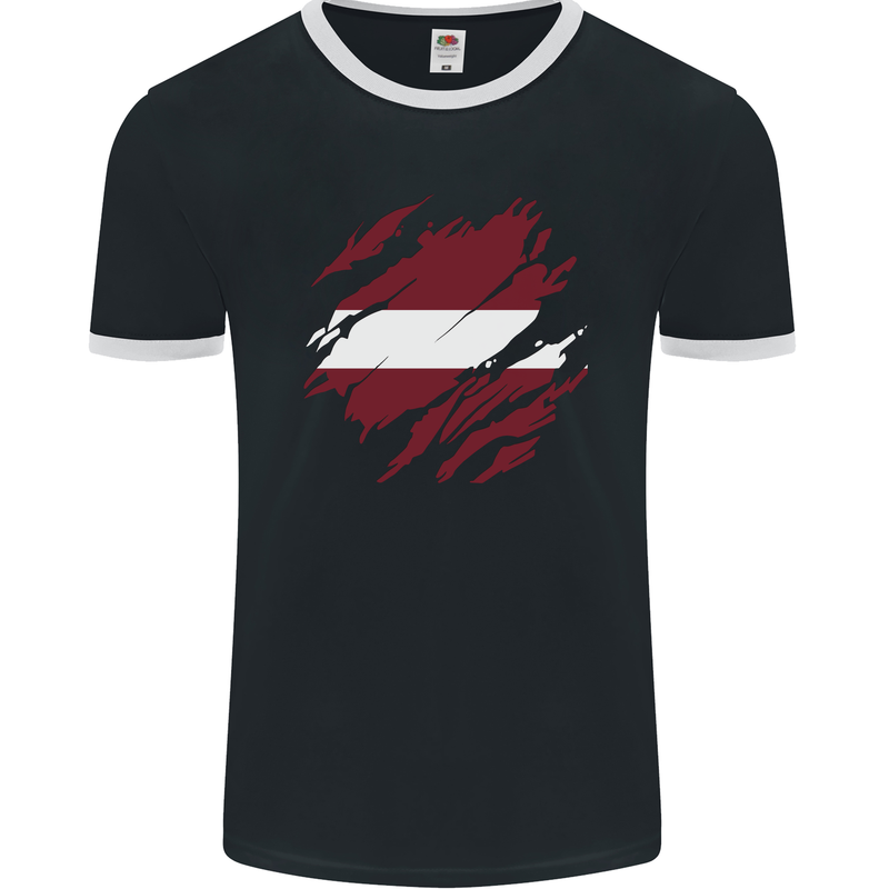 Torn Latvia Flag Latvian Day Football Mens Ringer T-Shirt FotL Black/White